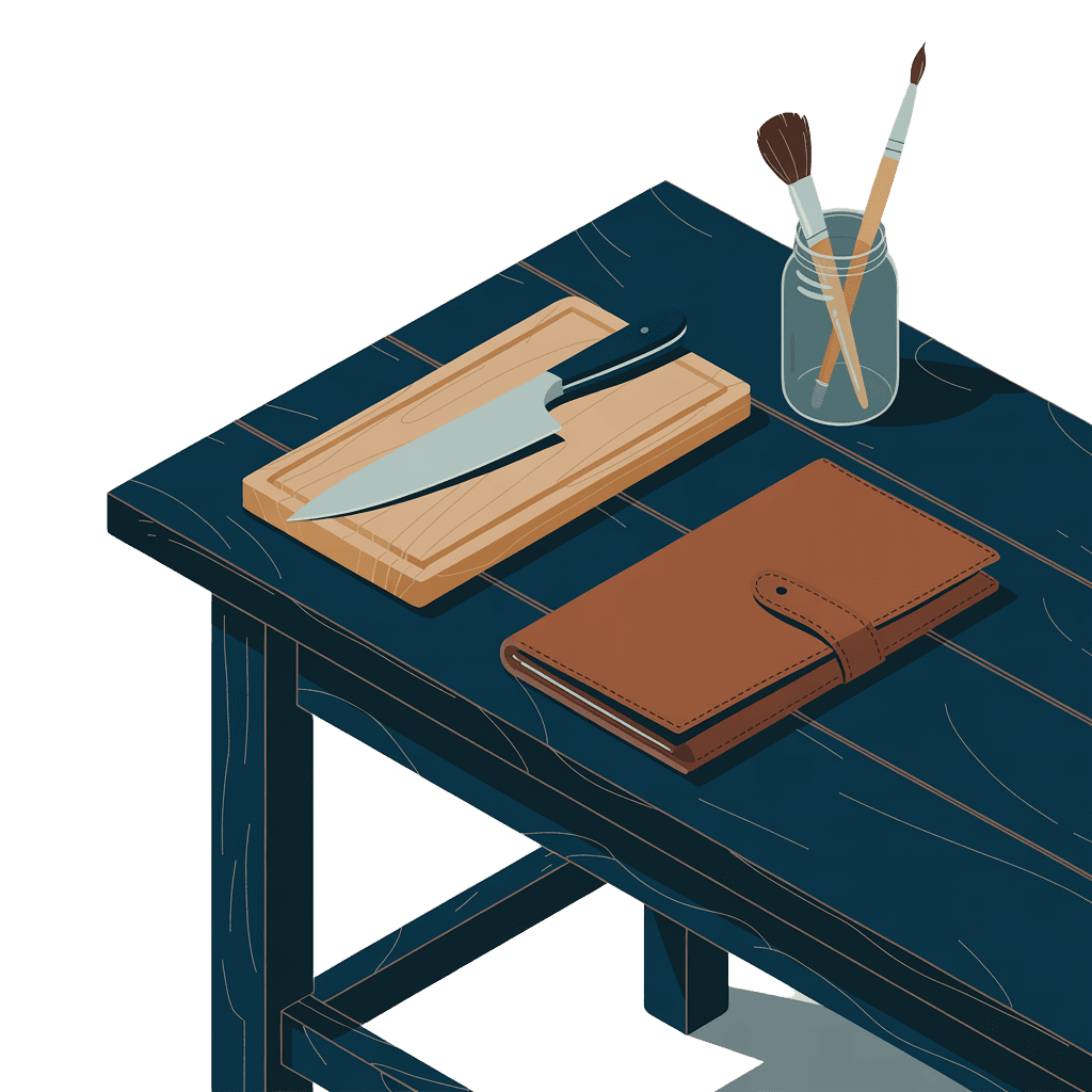 Une planche à découper, un couteau et un carnet de cuir sur un plan de travail
